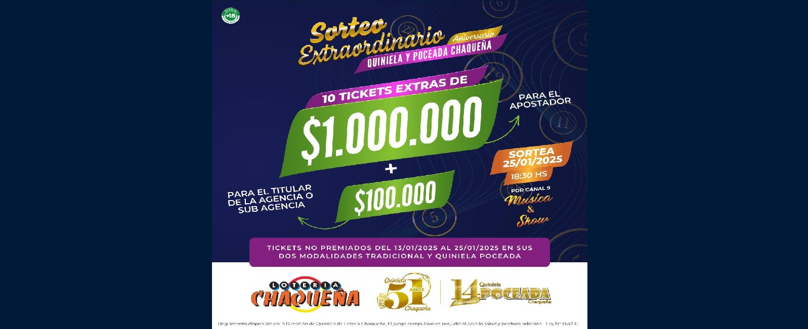 POR LOS 51 AÑOS DE LA QUINELA OFICIAL Y 14° DE LA POCEADA, LOTERÍA CHAQUEÑA SORTEARÁ MÁS DE 10 MILLONES DE PESOS