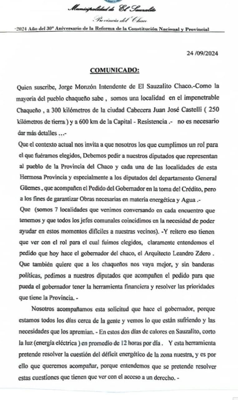 *“Pedimos a nuestros diputados que acompañen el pedido del Gobernador en la toma de crédito”, destacó el intendente de El Sauzalito, Jorge Monzón*