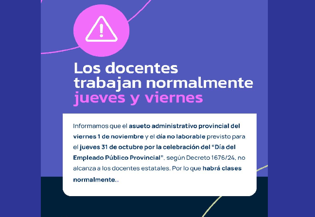 EDUCACIÓN: LOS DOCENTES TRABAJAN NORMALMENTE JUEVES Y VIERNES