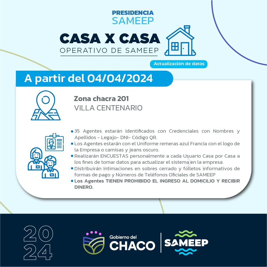 SAMEEP: EL JUEVES 4 DE ABRIL COMIENZA UN NUEVO OPERATIVO DEL PROGRAMA “CASA x CASA”